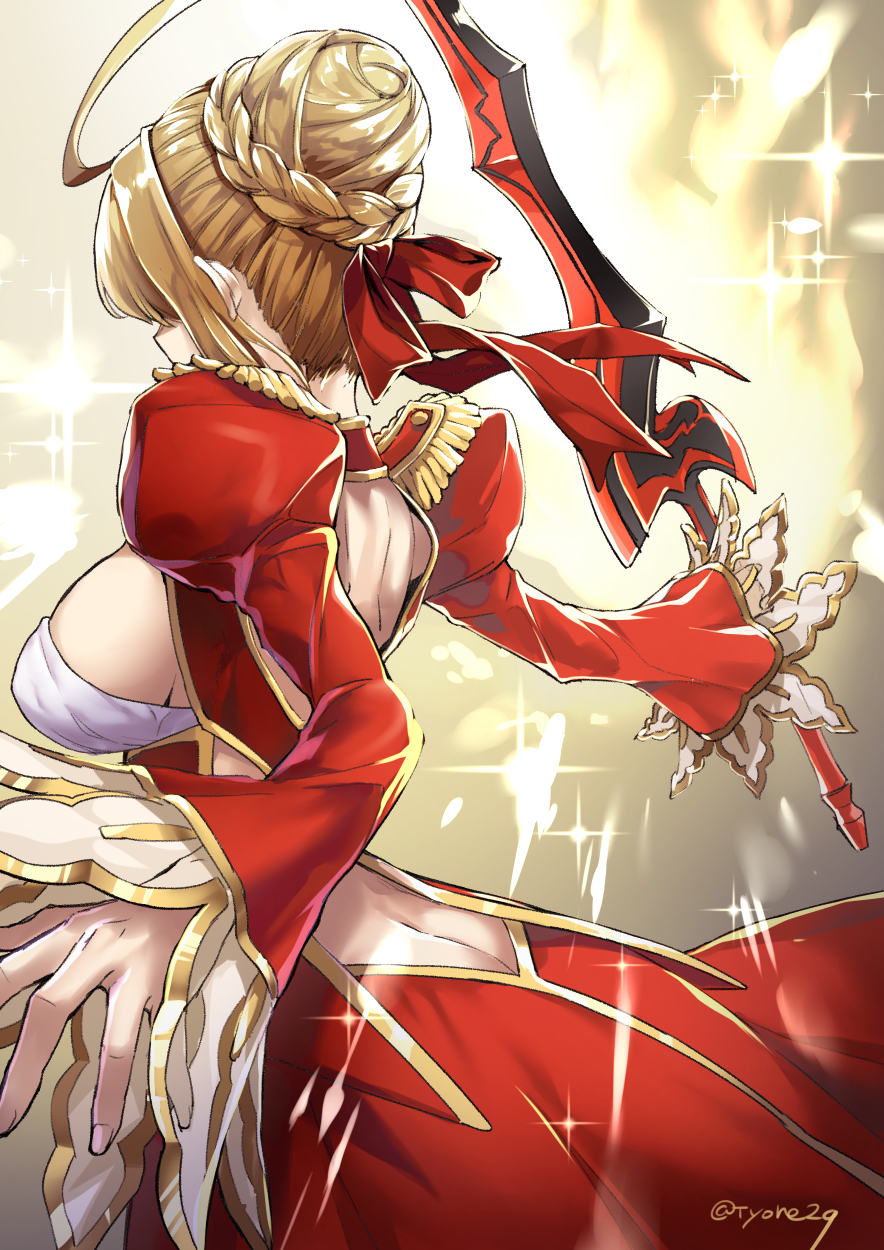 1girl aestus_estus ahoge backless_outfit bag blonde_hair braid breasts butt_crack commentary_request dress epaulettes facing_away fate/extra fate_(series) hair_bun highres holding holding_sword holding_weapon juliet_sleeves large_breasts long_sleeves nero_claudius_(fate) nero_claudius_(fate)_(all) open-back_dress puffy_sleeves red_dress shoulder_bag sidelocks solo sparkle sword twitter_username tyone weapon wide_sleeves