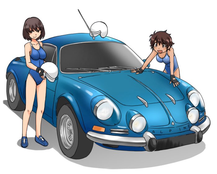 2girls black_eyes blue_footwear blue_swimsuit brown_hair car closed_mouth commentary_request dark_skin girls_und_panzer ground_vehicle helmet holding hoshino_(girls_und_panzer) looking_at_viewer motor_vehicle multiple_girls one-piece_swimsuit open_mouth renault_alpine_a110 school_swimsuit shadow shoes short_hair simple_background smile sneakers standing suzuki_(girls_und_panzer) swimsuit uona_telepin white_background