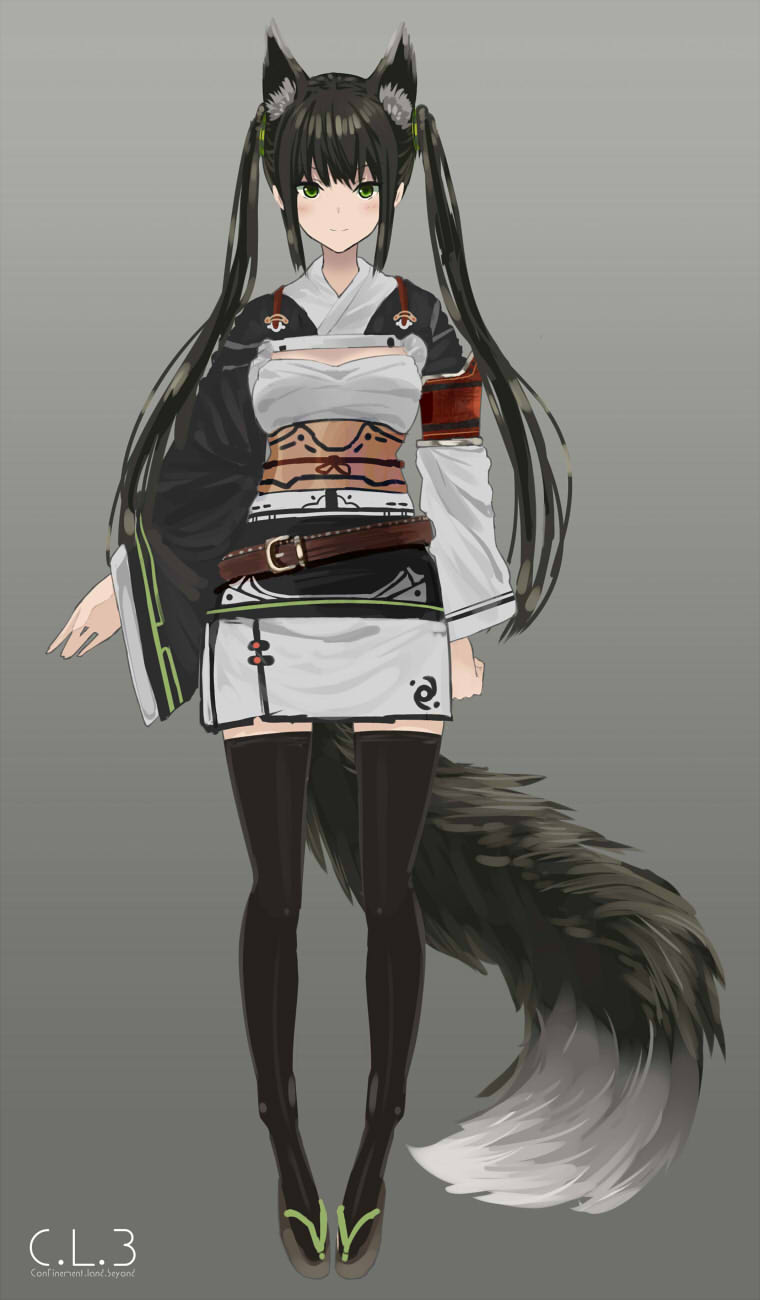 1girl animal_ears arms_at_sides black_eyes black_hair black_legwear fox_ears fox_girl fox_tail full_body grey_background highres inabi japanese_clothes long_hair long_sleeves looking_at_viewer obi original pigeon-toed sandals sash simple_background smile solo standing tail thigh-highs twintails zettai_ryouiki