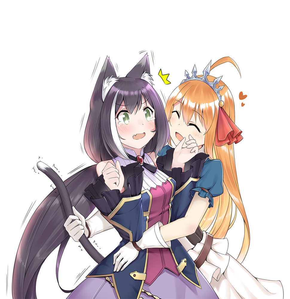 2girls ^_^ ahoge animal_ears bare_shoulders black_hair cat_ears cat_tail closed_eyes fang green_eyes hand_on_hip heart kuro_emimi kyaru_(princess_connect) long_hair multiple_girls pecorine princess_connect! princess_connect!_re:dive surprised tail tail_grab tearing_up tiara