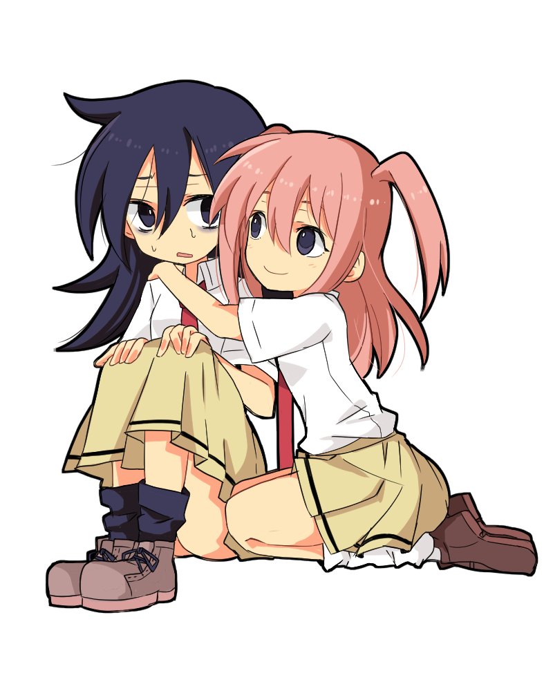 2girls bags_under_eyes hug kneeling kuroki_tomoko loafers multiple_girls nemoto_hina shoes sitting smile sweat watashi_ga_motenai_no_wa_dou_kangaetemo_omaera_ga_warui!