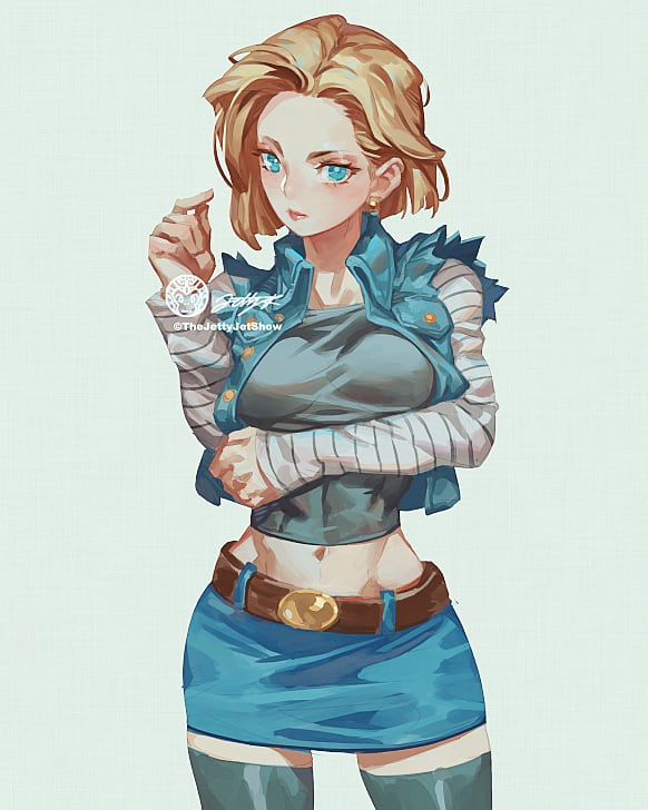 1girl android_18 belt belt_buckle black_legwear blonde_hair blue_eyes breasts buckle commentary denim denim_skirt dragon_ball dragonball_z earrings english_commentary jet_kimchrea jewelry medium_breasts midriff navel pencil_skirt revision shirt short_hair skirt solo taut_clothes taut_shirt thigh-highs vest zettai_ryouiki