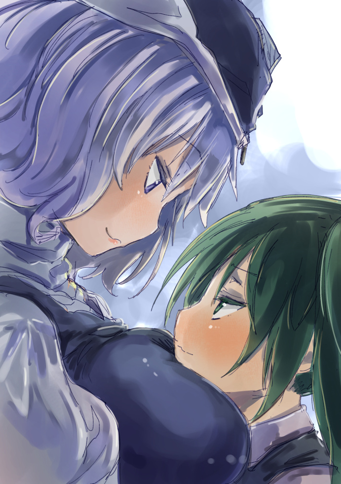 2girls blue_eyes blue_hair breasts daiyousei face-to-face green_eyes green_hair hat large_breasts letty_whiterock multiple_girls side_ponytail touhou yohane