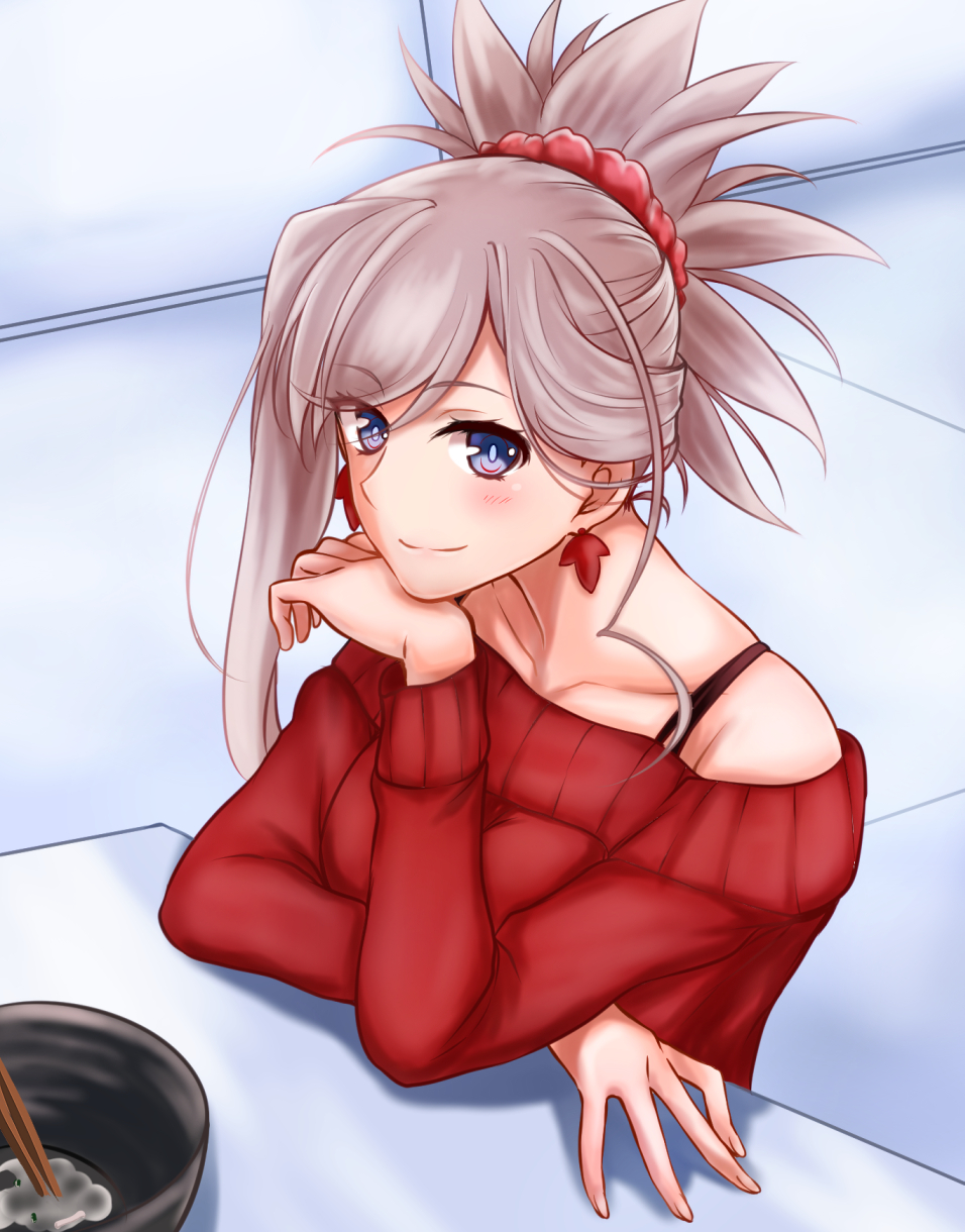 1girl alternate_costume blush chopsticks earrings eyes_visible_through_hair fate/grand_order fate_(series) hand_on_own_chin highres jewelry miyamoto_musashi_(fate/grand_order) nagishy ponytail red_sweater scrunchie simple_background sitting sitting_on_table spaghetti_strap sweater