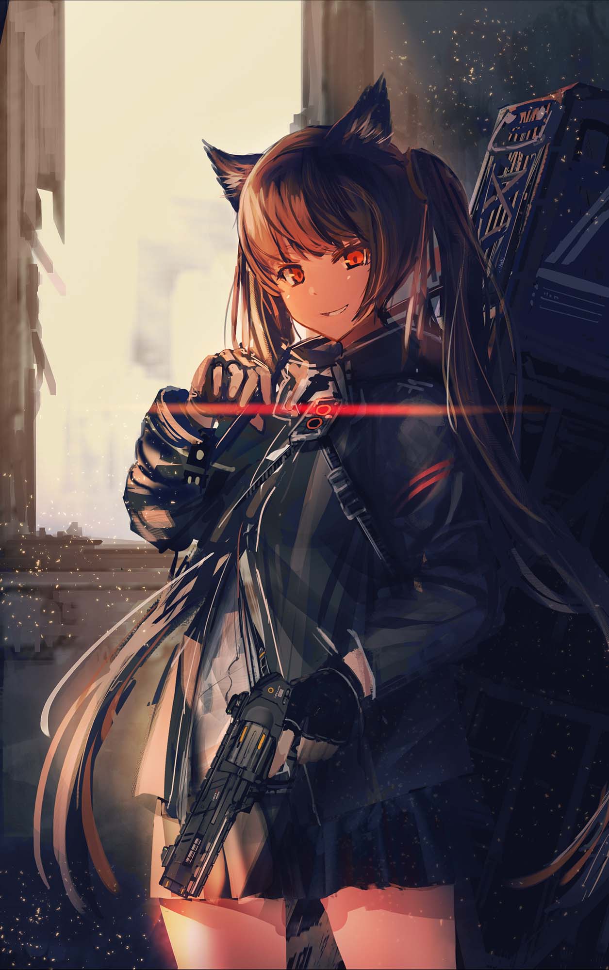 1girl animal_ears black_gloves black_jacket black_skirt brown_hair cat_ears commentary cowboy_shot fingerless_gloves gloves gun handgun highres holding holding_gun holding_weapon inabi indoors jacket light_particles long_hair long_sleeves looking_at_viewer original parted_lips pistol pleated_skirt red_eyes ruins skirt smile solo standing trigger_discipline twintails very_long_hair weapon