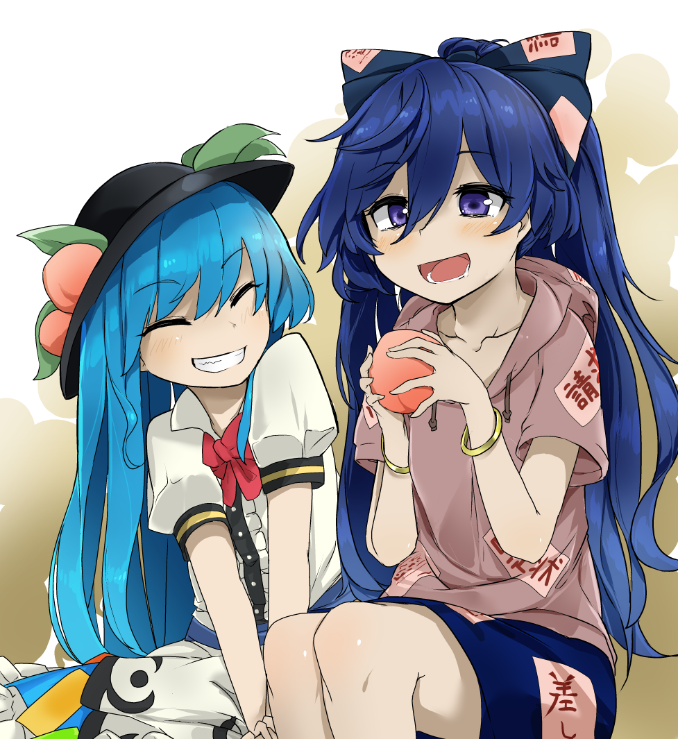 2girls :d bangle black_hat blouse blue_bow blue_eyes blue_hair blue_skirt blush bow bracelet closed_eyes collarbone commentary_request debt eyebrows_visible_through_hair facing_another food frilled_blouse fruit gradient gradient_background grey_hoodie grin hair_between_eyes hair_bow hat hinanawi_tenshi holding holding_fruit hood hoodie jewelry leaf long_hair multiple_girls neck_bow open_mouth peach puffy_short_sleeves puffy_sleeves red_bow red_neckwear short_sleeves skirt smile touhou two-tone_background tyouseki v_arms very_long_hair white_background white_blouse yellow_background yorigami_shion