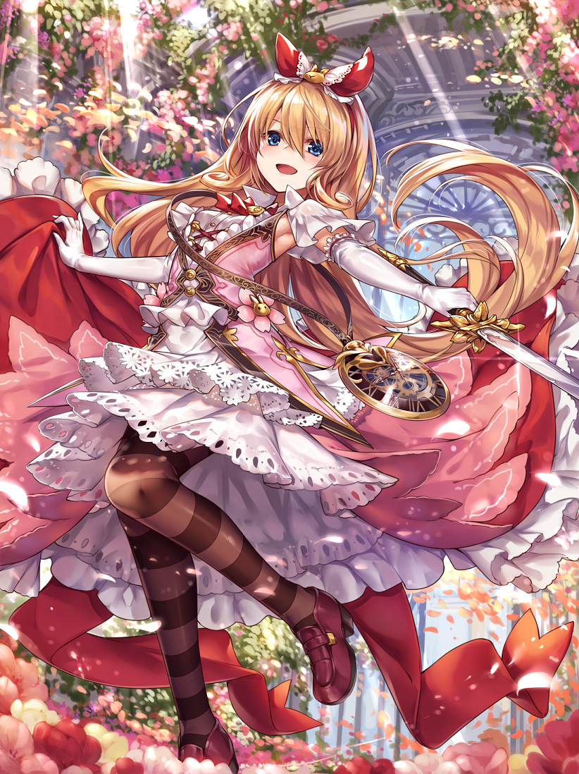 1girl :d alice_(shingeki_no_bahamut) bag blonde_hair blue_eyes clock commentary_request elbow_gloves flower frills gloves handbag holding holding_sword holding_weapon ks long_hair looking_at_viewer open_mouth petals shadowverse shingeki_no_bahamut smile solo striped striped_legwear sword thigh-highs weapon white_gloves