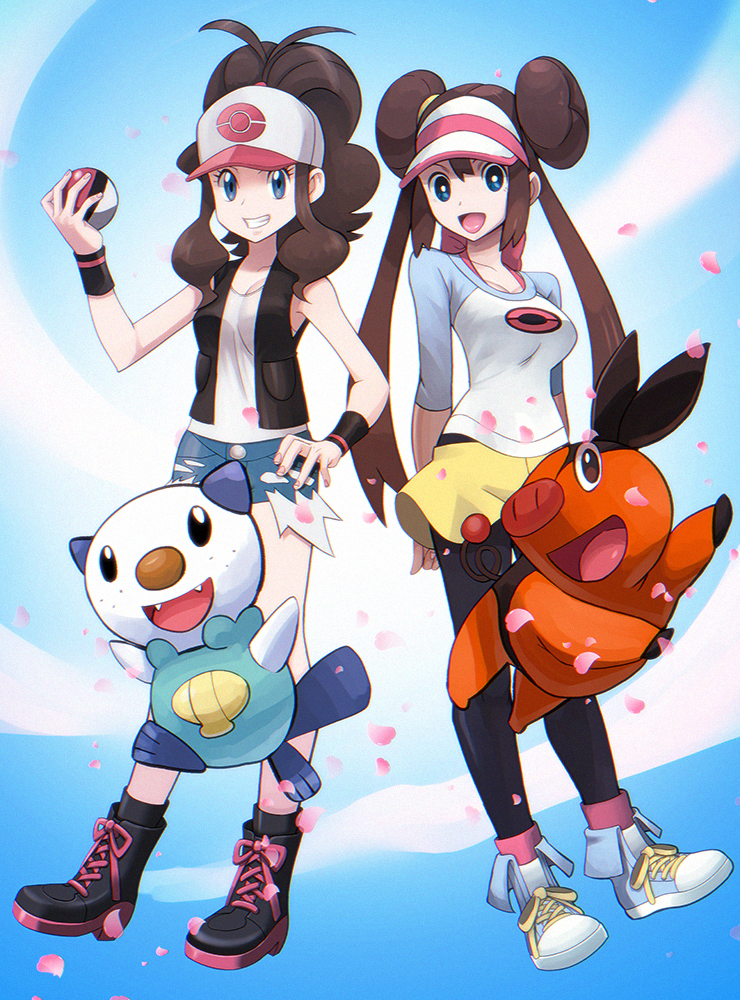 2girls baseball_cap black_legwear breasts brown_hair cleavage denim denim_shorts double_bun full_body hat mei_(pokemon) multiple_girls oshawott pantyhose pantyhose_under_shorts pokemon pokemon_(game) pokemon_bw pokemon_bw2 ponytail ryunryun shirt short_hair shorts tank_top tepig touko_(pokemon) twintails vest visor_cap