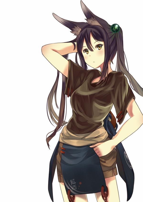 1girl :&lt; animal_ears blush brown_shirt brown_shorts closed_mouth commentary_request cowboy_shot fox_ears hair_between_eyes hand_up inabi long_hair looking_at_viewer original pelvic_curtain shirt short_shorts short_sleeves shorts simple_background solo twintails white_background yellow_eyes