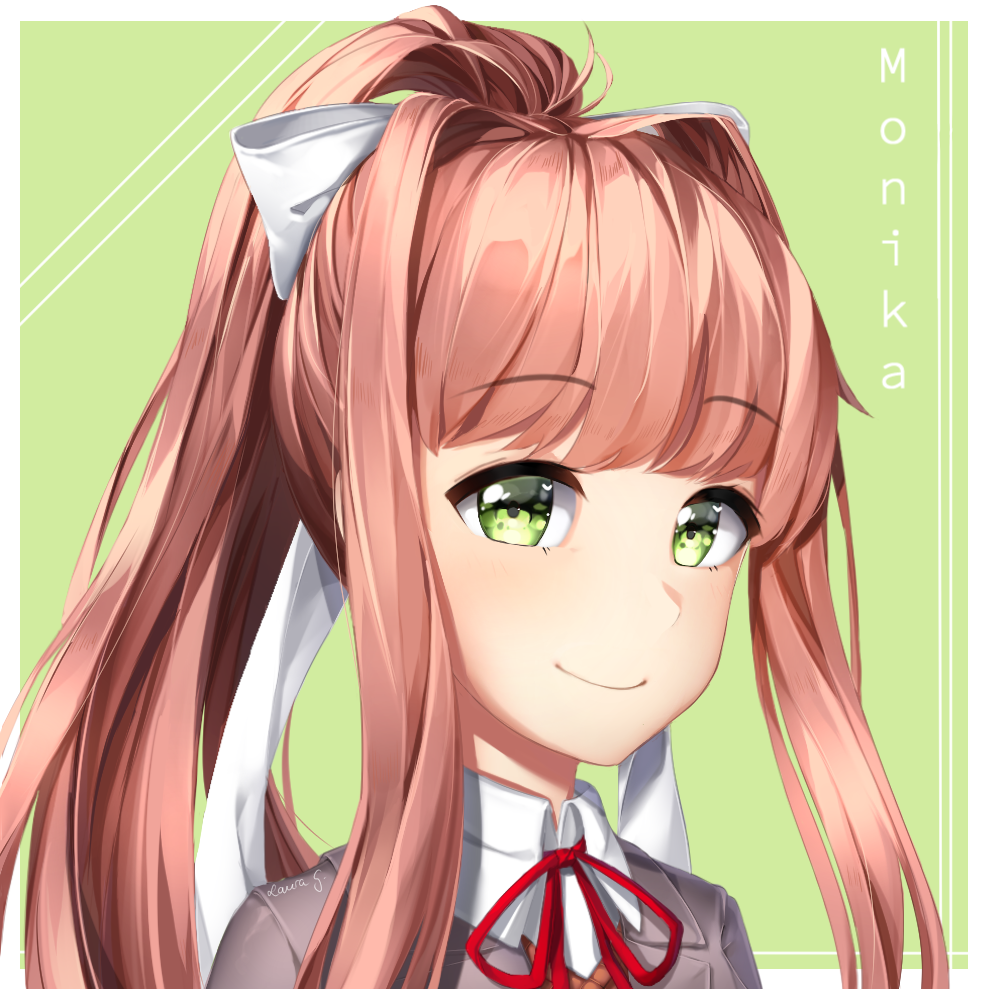1girl brown_hair character_name commentary doki_doki_literature_club english_commentary eyebrows_visible_through_hair green_background green_eyes hair_ribbon heart heart_in_eye long_hair looking_at_viewer monika_(doki_doki_literature_club) ponytail portrait ribbon sasoura signature simple_background smile solo symbol_in_eye white_ribbon