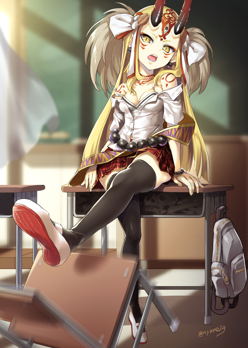 1girl alternate_costume backpack bag bare_shoulders black_legwear blonde_hair blurry blurry_background camisole chair chalkboard commentary_request curtains depth_of_field desk earrings facial_mark fate/grand_order fate_(series) forehead_mark head_tilt highres horns ibaraki_douji_(fate/grand_order) indoors jewelry long_hair off_shoulder on_desk oni_horns open_mouth plaid plaid_skirt pleated_skirt red_skirt school_chair school_desk shirt shoes sitting sitting_on_desk skirt solo strap_slip thigh-highs tyone uwabaki very_long_hair white_camisole white_footwear white_shirt yellow_eyes