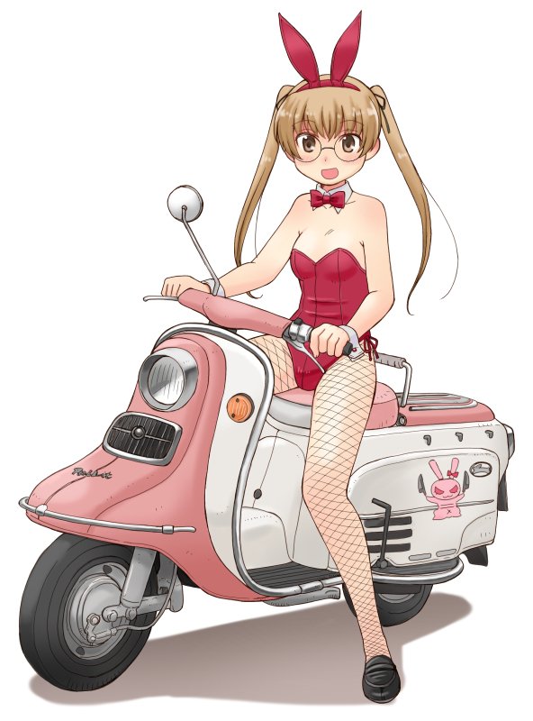 1girl :d animal_ears bangs black_legwear bow bowtie breasts brown_eyes brown_hair detached_collar emblem eyebrows_visible_through_hair fake_animal_ears fishnet_pantyhose fishnets fuji_rabbit full_body girls_und_panzer glasses ground_vehicle hair_ribbon hairband holding knife leotard loafers long_hair looking_at_viewer motor_vehicle oono_aya open_mouth pantyhose rabbit rabbit_ears red_hairband red_leotard red_neckwear red_ribbon ribbon round_eyewear scooter shadow shoes side-tie_leotard simple_background sitting small_breasts smile solo strapless strapless_leotard twintails uona_telepin white_background white_collar wrist_cuffs