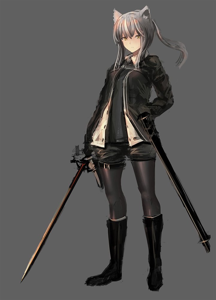 1girl animal_ears bangs black_footwear black_jacket black_shirt boots cat_ears closed_mouth collared_shirt commentary_request full_body grey_background grey_hair grey_legwear holding holding_sword holding_weapon inabi jacket leg_belt long_sleeves looking_at_viewer original pantyhose scabbard sheath shirt short_shorts shorts simple_background solo standing sword tri_tails unsheathed weapon wing_collar yellow_eyes