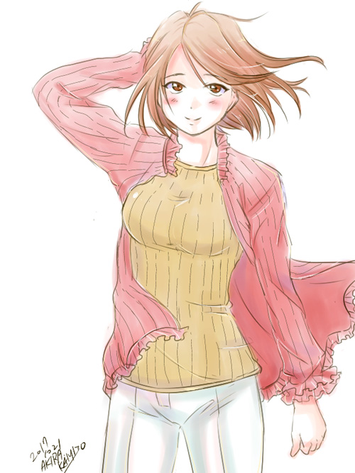 1girl blush brown_eyes brown_hair commentary_request dated fujieda_kaede hand_behind_head heppoko_kamijou_akira jacket looking_at_viewer pants ribbed_sweater sakura_taisen short_hair signature sketch smile solo sweater white_background