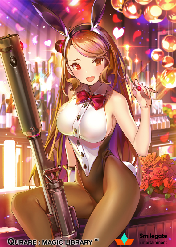 1girl :d animal_ears bare_arms black_leotard blush bottle bow bowtie breasts brown_eyes brown_hair brown_legwear cherry copyright_name embarrassed eyebrows_visible_through_hair fake_animal_ears flower food fruit gun hairband hand_up highleg highleg_leotard holding indoors large_breasts leotard light_particles light_rays long_hair looking_at_viewer nightclub official_art open_mouth pantyhose pop_kyun qurare_magic_library rabbit_ears red_flower red_neckwear red_rose rose sideboob simple_background sitting smile solo watermark weapon wing_collar