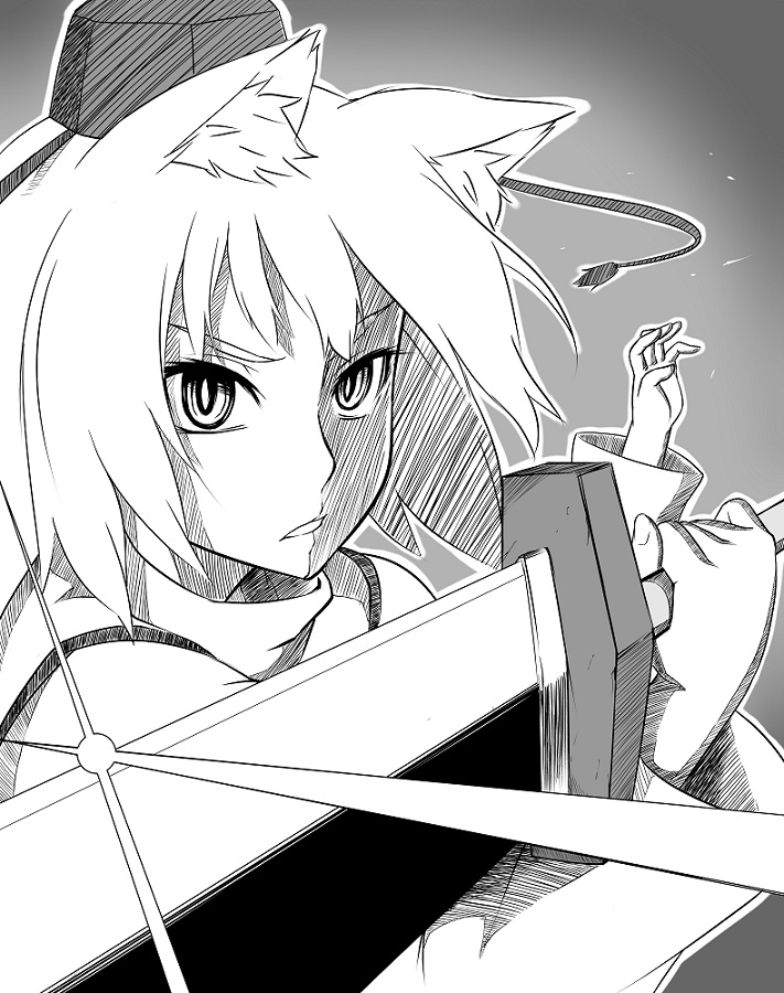 1girl animal_ears commentary_request foreshortening glint grey_background greyscale hat holding holding_sword holding_weapon inubashiri_momiji long_sleeves looking_at_viewer monochrome parted_lips poronegi short_hair slit_pupils solo sword tokin_hat touhou upper_body weapon wide_sleeves wolf_ears