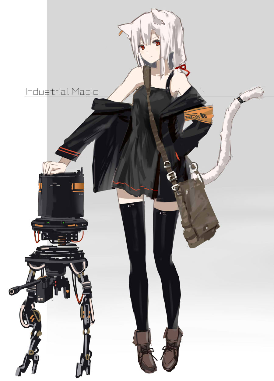 1girl animal_ears bag bare_shoulders black_dress black_jacket black_legwear cat_ears cat_tail closed_mouth dress grey_background grey_footwear hair_ribbon highres inabi jacket light_smile long_sleeves looking_at_viewer off_shoulder original ponytail red_eyes red_ribbon ribbon robot shoes short_dress shoulder_bag simple_background smile solo standing tail thigh-highs white_hair