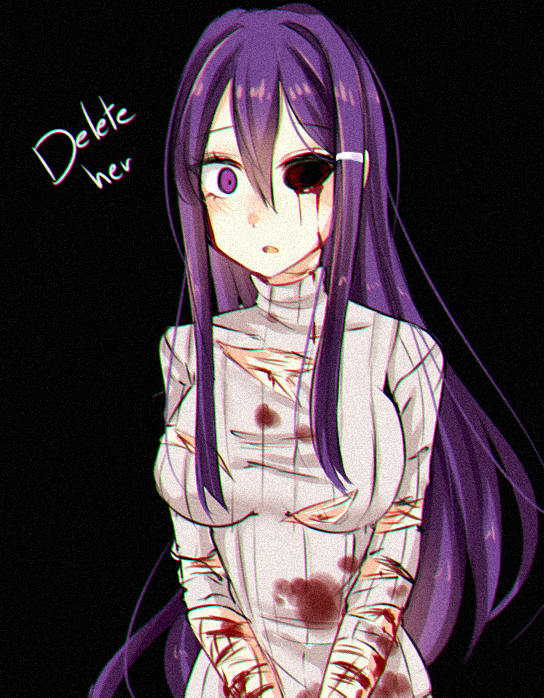 1girl black_background blood blood_on_face bloody_clothes breasts doki_doki_literature_club english flow_ech hair_ornament hairclip injury long_hair looking_at_viewer medium_breasts missing_eye one_eye_closed purple_hair ribbed_sweater simple_background slit_wrist solo sweater texture torn_clothes torn_sweater upper_body very_long_hair violet_eyes yuri_(doki_doki_literature_club)