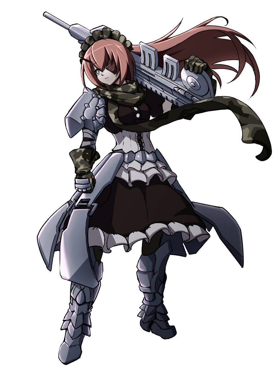 1girl armor armored_boots armored_dress black_skirt boots brown_hair camouflage_gloves camouflage_scarf corset cz2128_delta eyepatch floating_hair full_body great_(cyclops) green_eyes gun highres holding holding_gun holding_weapon long_hair looking_away maid_headdress overlord_(maruyama) rifle simple_background skirt solo very_long_hair weapon white_background