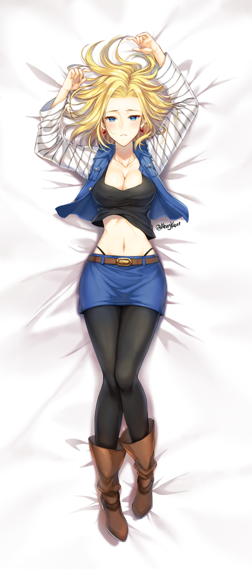 1girl ahngkeut android_18 arms_up bed_sheet black_legwear black_shirt blonde_hair blue_eyes blush boots breasts cleavage dakimakura denim denim_jacket denim_skirt dragon_ball dragonball_z earrings from_above highres jacket jewelry long_sleeves looking_at_viewer medium_breasts midriff miniskirt navel pantyhose shirt short_hair skirt solo tareme torn_jacket twitter_username