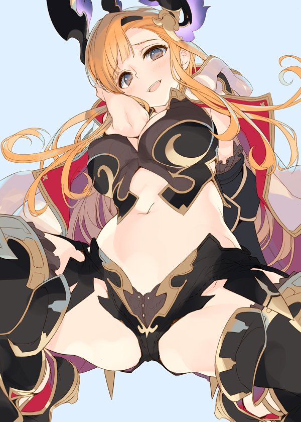 1girl bangs black_gloves black_legwear blue_background blush breastplate breasts brown_eyes cape cleavage elbow_gloves gloves granblue_fantasy hair_ornament hairband hand_behind_head hand_in_hair head_wings large_breasts long_hair looking_at_viewer navel open_mouth orange_hair sidelocks simple_background smile solo song_(granblue_fantasy) spread_legs squatting tatami_to_hinoki thigh-highs thighs waist white_cape