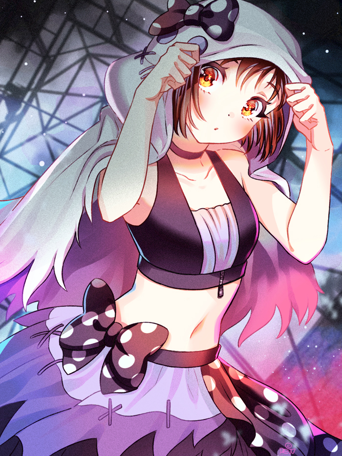 1girl adjusting_hood bang_dream! black_bow blush bow brown_hair choker collarbone commentary_request crop_top dew_(dltmf2266) ghost_costume hair_bow hazawa_tsugumi hood hood_up hooded_cape looking_at_viewer midriff multicolored multicolored_clothes multicolored_skirt navel orange_eyes polka_dot polka_dot_bow shirt skirt sleeveless sleeveless_shirt solo stitches