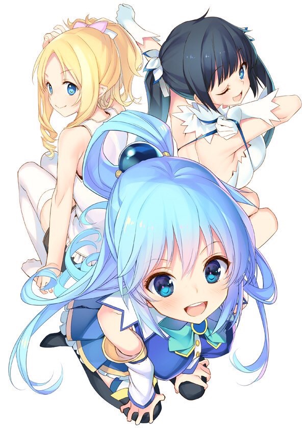 3girls aqua_(konosuba) bare_shoulders black_hair blonde_hair blue_eyes blue_hair blue_ribbon boots bow breasts crossover detached_sleeves dress drill_hair dungeon_ni_deai_wo_motomeru_no_wa_machigatteiru_darou_ka eromanga_sensei eyebrows_visible_through_hair from_above gloves hair_ornament hestia_(danmachi) kono_subarashii_sekai_ni_shukufuku_wo! large_breasts long_hair looking_at_viewer looking_back multiple_girls one_eye_closed open_mouth pink_bow pointy_ears rei_no_himo ribbon sleeveless sleeveless_dress smile tatami_to_hinoki thigh-highs thigh_boots twin_drills twintails white_background white_dress white_gloves yamada_elf