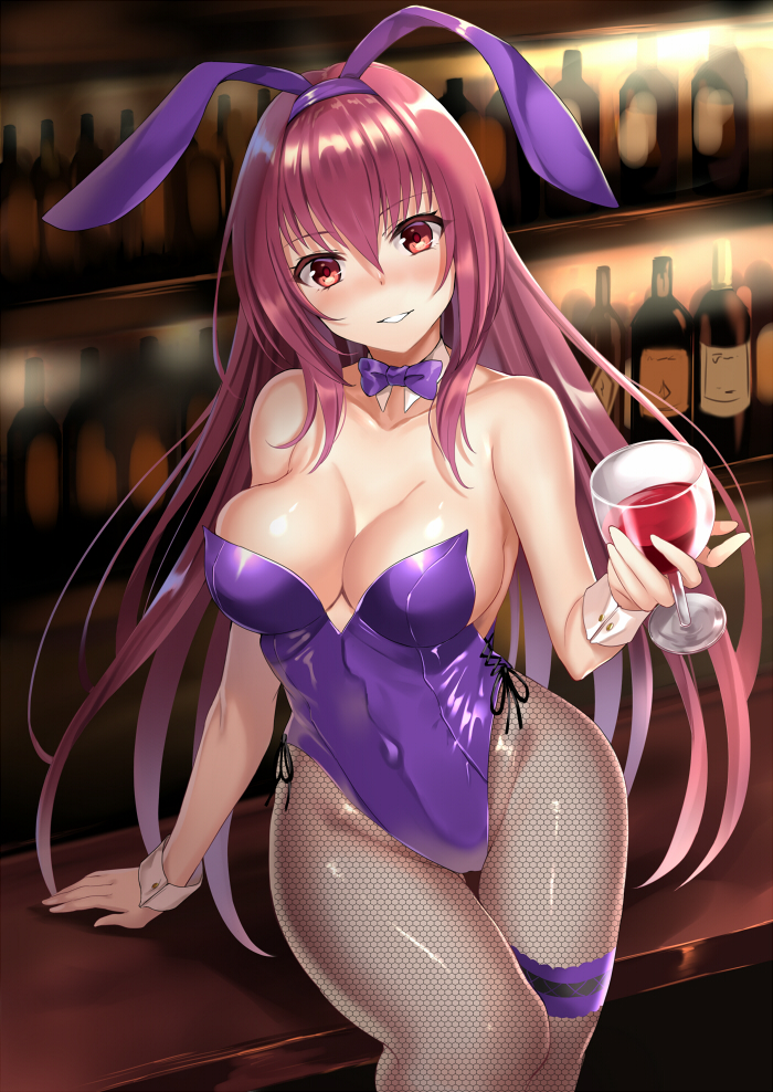 1girl alcohol animal_ears bar bare_shoulders blush bottle bow bowtie breasts bunny_girl bunnysuit cleavage covered_navel cup detached_collar drinking_glass fate/grand_order fate_(series) fishnet_pantyhose fishnets glass harimoji hips large_breasts leotard long_hair looking_at_viewer pantyhose purple_hair rabbit_ears red_eyes scathach_(fate/grand_order) shiny shiny_clothes shiny_skin sitting smile solo thighs waist wine wrist_cuffs