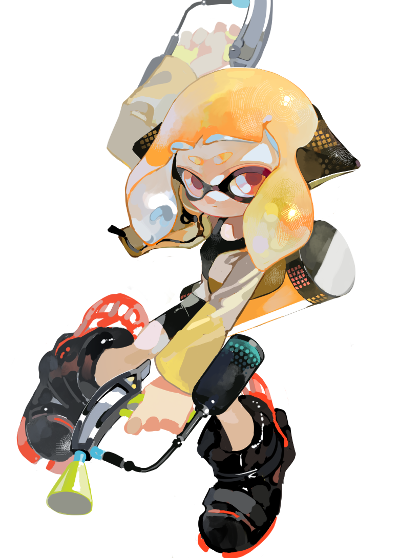 1girl arm_up aspara bangs bike_shorts black_footwear black_shirt black_shorts blunt_bangs boots closed_mouth commentary domino_mask dual_wielding english_commentary full_body headgear hero_dualies_(splatoon) holding holding_weapon ink_tank_(splatoon) inkling jacket light_frown long_sleeves looking_at_viewer mask medium_hair open_clothes open_jacket orange_hair pointy_ears shirt shorts simple_background solo splatoon splatoon_2 squidbeak_splatoon standing tank_top weapon white_background yellow_jacket