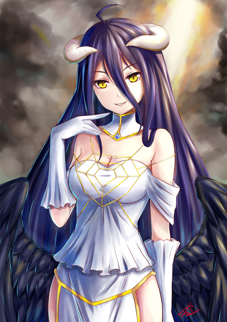 1girl ahoge albedo black_hair breasts choker cleavage cowboy_shot eyebrows_visible_through_hair gloves hair_between_eyes horns index_finger_raised kelinch1 long_hair looking_at_viewer medium_breasts overlord_(maruyama) parted_lips signature smile solo standing striped very_long_hair white_gloves yellow_eyes