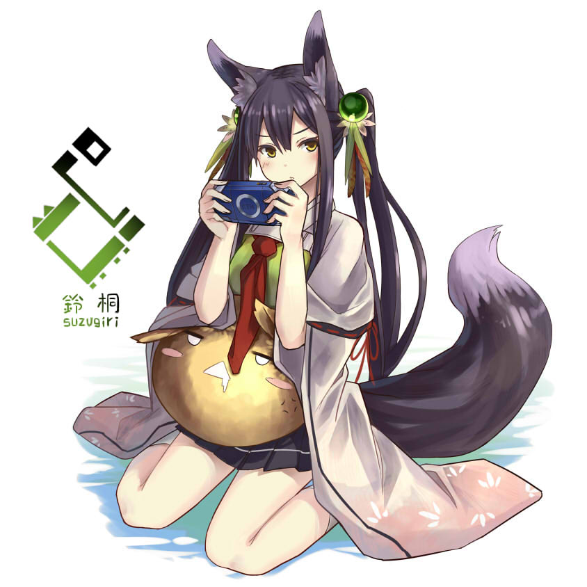 1girl animal_ears bangs black_hair black_skirt blush character_name closed_mouth commentary_request fox_ears fox_girl fox_tail handheld_game_console hands_up holding inabi japanese_clothes kimono long_hair long_sleeves looking_at_viewer necktie original playstation_portable pleated_skirt quad_tails red_neckwear sitting skirt socks solo stuffed_toy tail twintails white_legwear wide_sleeves yellow_eyes
