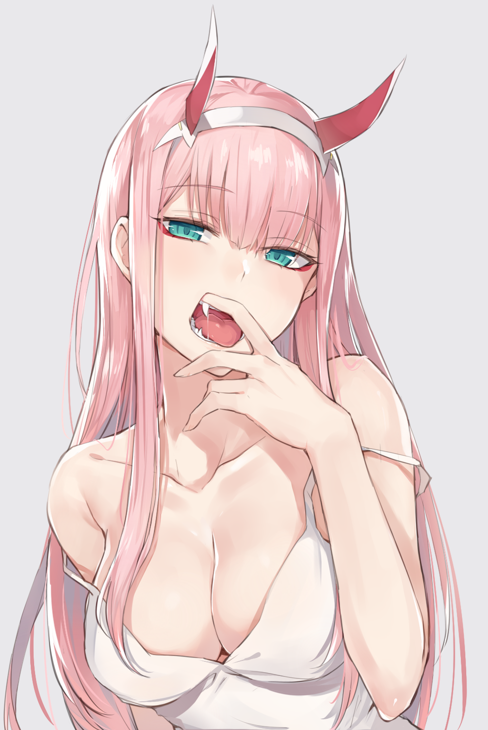 1girl aqua_eyes bangs bare_shoulders breasts cleavage collarbone darling_in_the_franxx eyebrows_visible_through_hair eyeshadow grey_background hair_over_breasts hairband highres horns kyouki long_hair looking_at_viewer makeup medium_breasts open_mouth pink_hair simple_background solo strap_slip white_hairband zero_two_(darling_in_the_franxx)