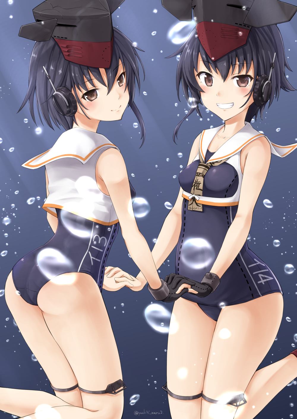 2girls air_bubble ass bangs bare_arms bare_legs bare_shoulders black_gloves black_hair blush breasts brown_eyes brown_neckwear bubble character_name clothes_writing crop_top eyebrows_visible_through_hair feet_out_of_frame framed_breasts gloves grin hand_holding headset highres i-13_(kantai_collection) i-14_(kantai_collection) kantai_collection kneepits looking_at_viewer looking_back multiple_girls neck_ribbon partly_fingerless_gloves ribbon sailor_collar short_hair single_glove single_sidelock sleeveless small_breasts smile submerged teeth thigh_strap twitter_username underwater white_sailor_collar yuuki_kazuhito