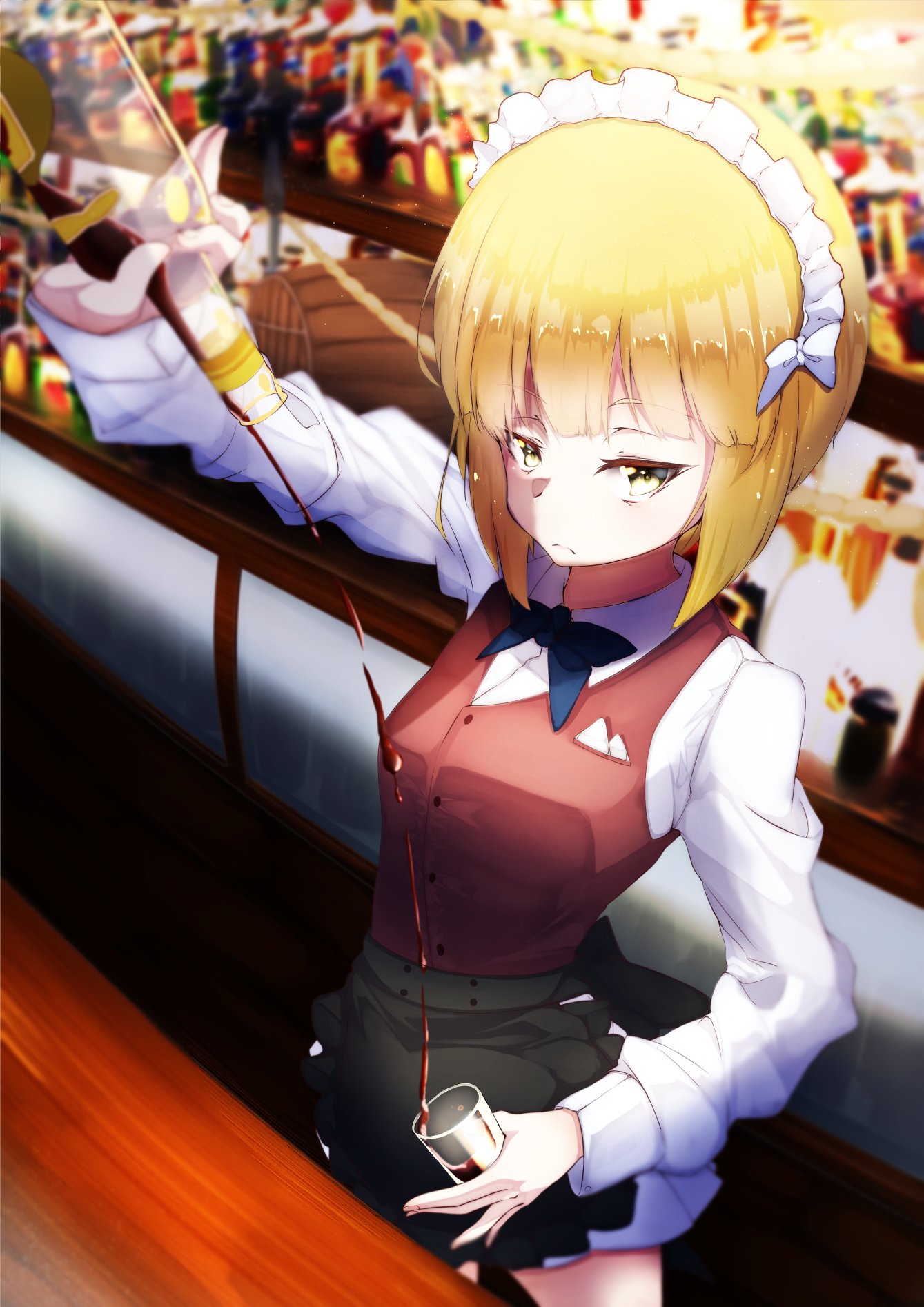 1girl :c alcohol apron arm_up bar barrel bartender black_apron black_skirt blonde_hair blue_bow blue_neckwear bottle bow bowtie closed_mouth collared_shirt commentary_request counter cup cutlass_(girls_und_panzer) drinking_glass eyebrows_visible_through_hair girls_und_panzer highres holding holding_drinking_glass indoors long_hair maid_headdress murata_ryou pouring red_vest sad shirt short_hair skirt solo standing vest waist_apron white_bow white_shirt yellow_eyes