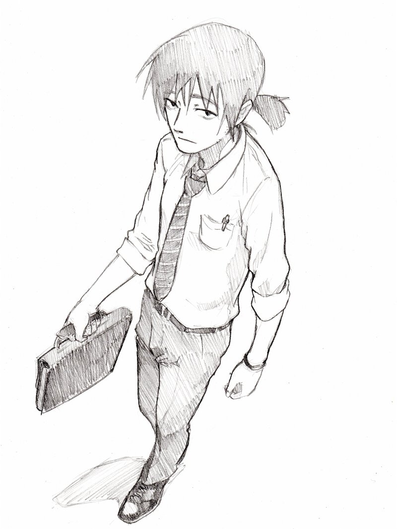 1boy black_hair extra graphite_(medium) loafers monochrome necktie ponytail salaryman_(watashi_ga_motenai_no_wa_dou_kangaetemo_omaera_ga_warui!) shoes sketch traditional_media watashi_ga_motenai_no_wa_dou_kangaetemo_omaera_ga_warui!