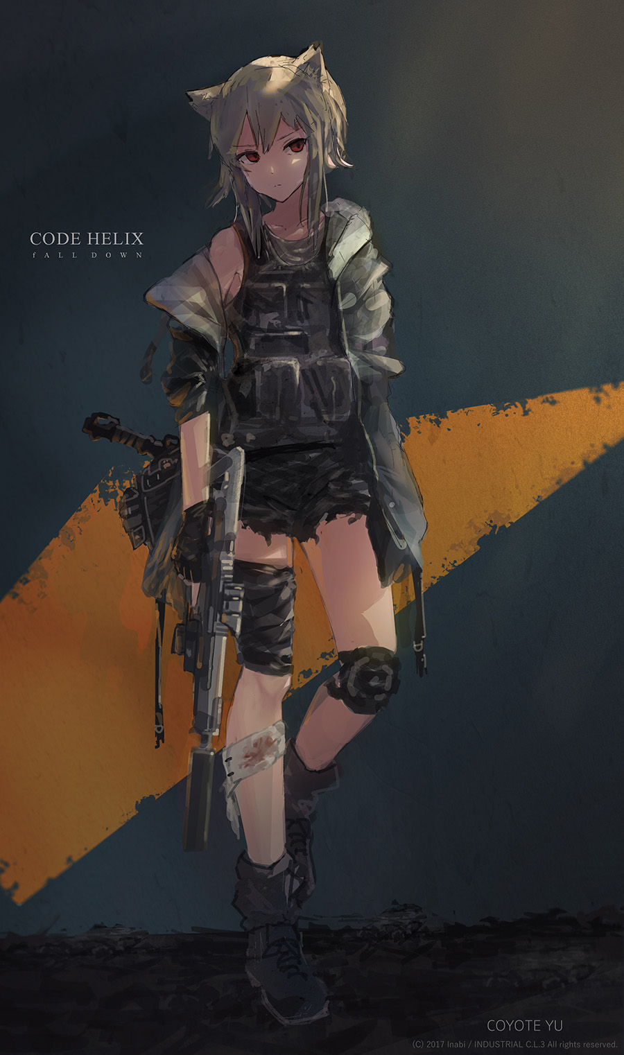 1girl animal_ears assault_rifle bandage bandaged_leg black_gloves blonde_hair bulletproof_vest cat_ears closed_mouth contrapposto gloves gun highres holding holding_gun holding_weapon inabi jacket knee_pads looking_at_viewer military off_shoulder original red_eyes rifle short_hair short_shorts shorts solo standing trigger_discipline watermark weapon