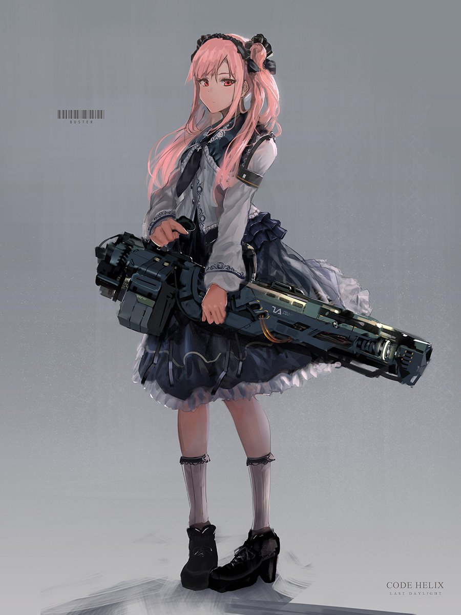 1girl bangs black_footwear black_skirt boots closed_mouth full_body grey_background gun hairband high_heel_boots high_heels highres holding holding_gun holding_weapon inabi long_sleeves looking_at_viewer original pink_hair red_eyes skirt socks solo standing twintails weapon white_legwear