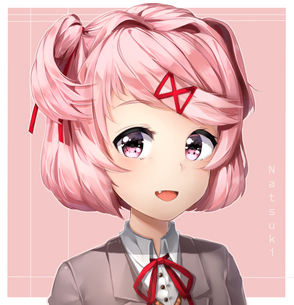 1girl :d character_name commentary doki_doki_literature_club english_commentary eyebrows_visible_through_hair fang hair_ornament hair_ribbon hairclip heart heart_in_eye looking_at_viewer natsuki_(doki_doki_literature_club) open_mouth outline pink_background pink_eyes pink_hair portrait red_ribbon ribbon sasoura short_hair signature simple_background smile solo symbol_in_eye two_side_up white_outline