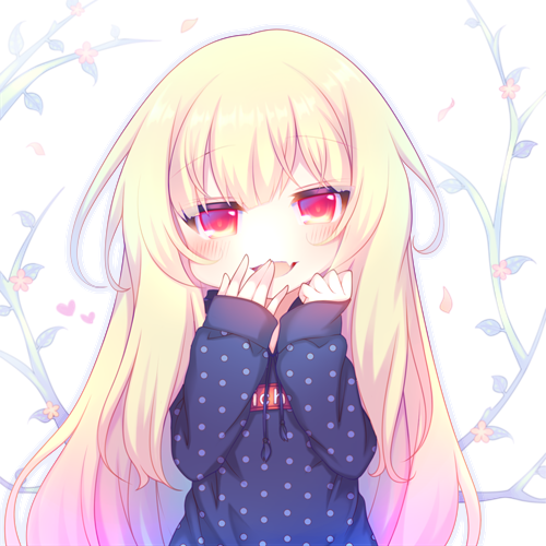 1girl :d bangs blonde_hair blue_hoodie blush commentary_request drawstring eyebrows_visible_through_hair fang hair_between_eyes hand_to_own_mouth hands_up hood hoodie long_hair long_sleeves looking_at_viewer lowres open_mouth original polka_dot polka_dot_hoodie red_eyes sakurato_ototo_shizuku sleeves_past_wrists smile solo very_long_hair white_background