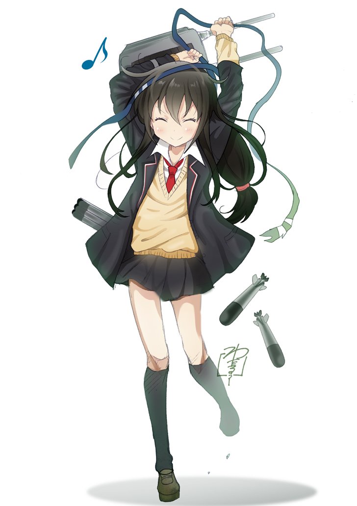 &gt;:) 1girl arms_up black_hair black_legwear blazer cardigan closed_eyes eighth_note full_body hatsushimo_(kantai_collection) holding jacket kantai_collection kneehighs loafers long_hair long_sleeves low-tied_long_hair musical_note necktie open_blazer open_clothes open_jacket pleated_skirt remodel_(kantai_collection) ribbon school_uniform shirt shoes signature skirt smile solo standing standing_on_one_leg torpedo twitter_username v-neck v-shaped_eyebrows white_background yamasaki_wataru