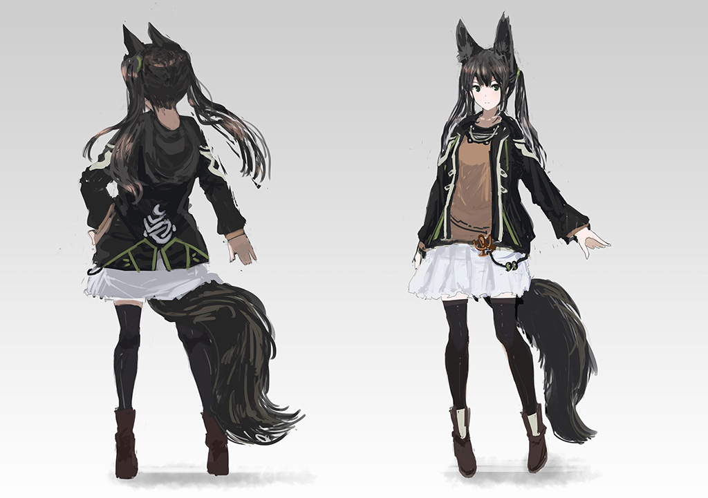 1girl animal_ears black_eyes black_hair black_jacket black_legwear boots breasts brown_shirt closed_mouth fox_ears fox_girl fox_tail gradient gradient_background grey_background inabi jacket legs_apart long_hair long_sleeves looking_at_viewer multiple_views open_clothes open_jacket original shirt skirt standing tail thigh-highs twintails white_skirt