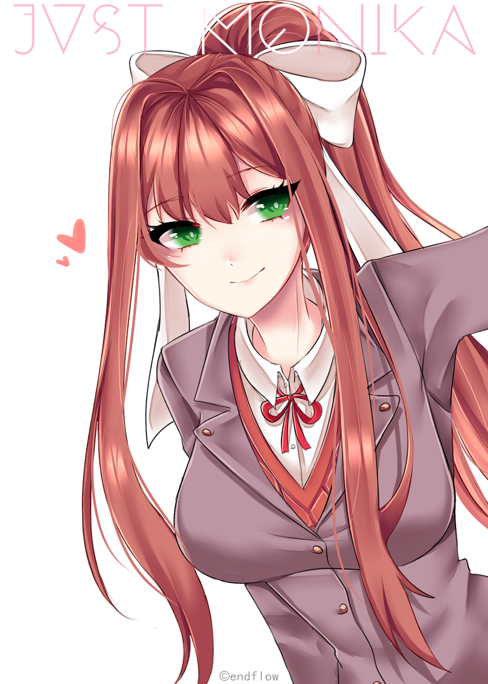 1girl artist_name bow brown_hair doki_doki_literature_club eyebrows_visible_through_hair eyes_visible_through_hair flow_ech green_eyes hair_bow heart highres long_hair looking_at_viewer monika_(doki_doki_literature_club) ponytail school_uniform simple_background smile solo white_background
