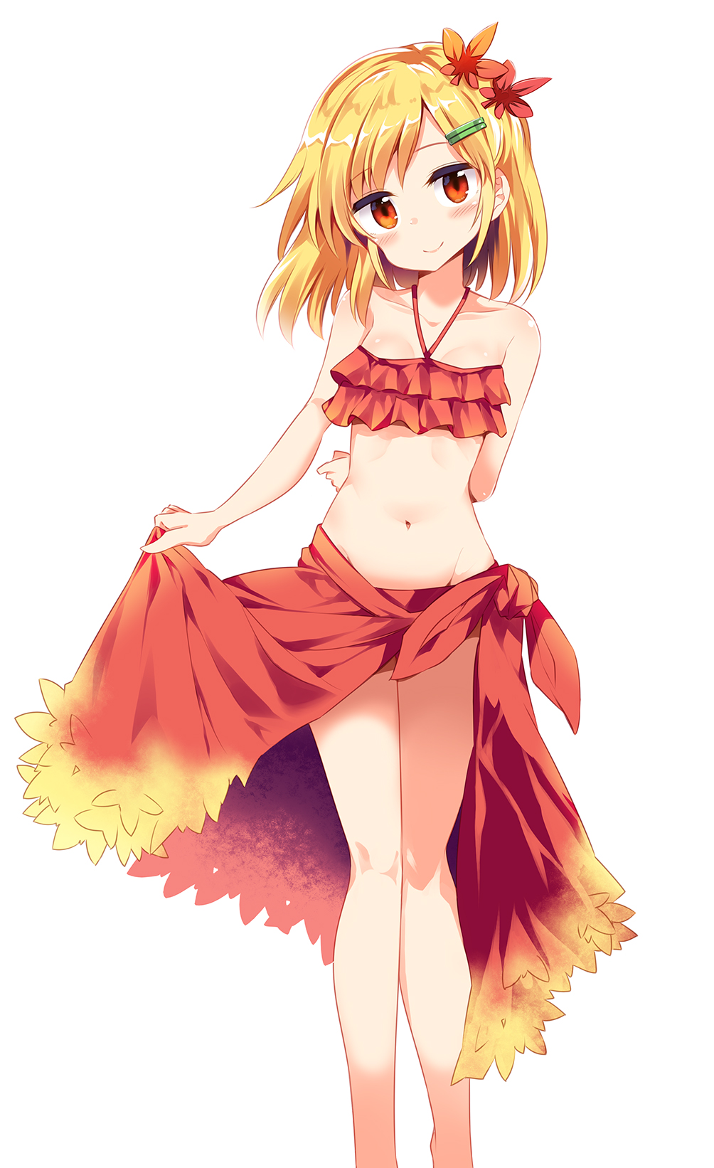 1girl aki_shizuha arm_behind_back bare_arms bare_legs bare_shoulders blonde_hair closed_mouth collarbone frilled_bikini_top hair_ornament hairclip halter_top halterneck head_tilt highres leaf_hair_ornament lifted_by_self looking_at_viewer maturiuta_sorato midriff navel orange_eyes red_bikini_top sarong simple_background smile solo standing stomach touhou white_background