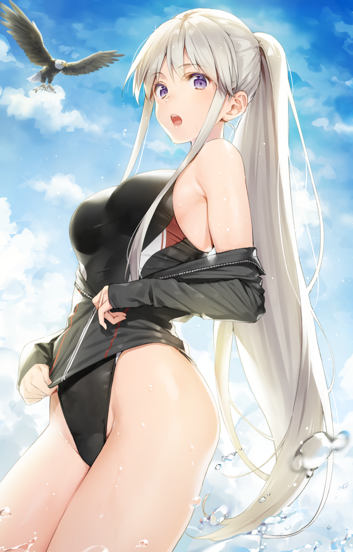1girl alternate_hairstyle azur_lane bird black_swimsuit blue_sky breasts competition_swimsuit cowboy_shot day eagle enterprise_(azur_lane) eyebrows_visible_through_hair from_below impossible_clothes impossible_swimsuit long_hair looking_at_viewer medium_breasts off_shoulder one-piece_swimsuit open_mouth ponytail sidelocks sky solo swimsuit tokki very_long_hair violet_eyes water_drop wet wet_hair white_hair
