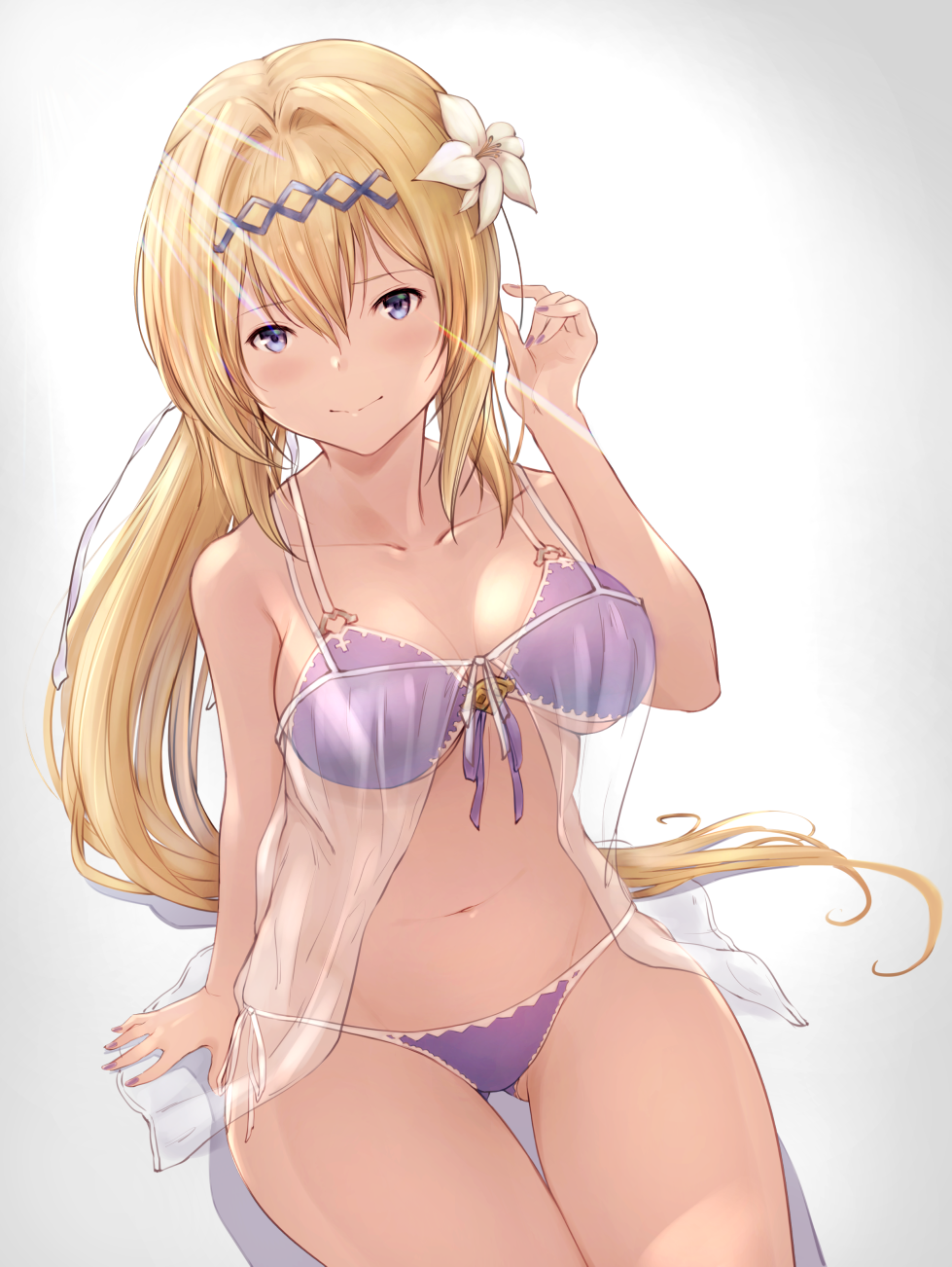 1girl arm_at_side bangs bikini blonde_hair blush breasts chokuro closed_mouth collarbone flower front-tie_bikini front-tie_top gluteal_fold gradient gradient_background granblue_fantasy grey_background hair_between_eyes hair_flower hair_ornament hand_up highres jeanne_d'arc_(granblue_fantasy) light_rays long_hair looking_at_viewer nail_polish navel ponytail purple_bikini purple_nails purple_ribbon revision ribbon see-through shiny shiny_hair side-tie_bikini sidelocks sitting smile solo spaghetti_strap stomach sunbeam sunlight swimsuit tareme thigh_gap thighs under_boob very_long_hair violet_eyes white_flower white_ribbon