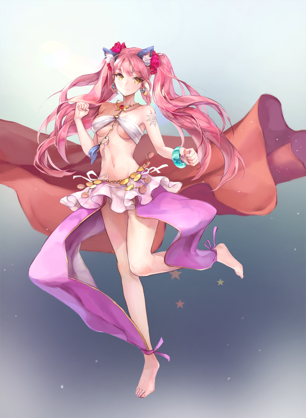 1girl animal_ears barefoot belly_chain bracelet cat_ears dancer flower full_body hair_flower hair_ornament highres jewelry looking_at_viewer midriff navel necklace original pink_eyes pink_hair puky shoulder_tattoo skirt smile solo tattoo twintails yellow_eyes