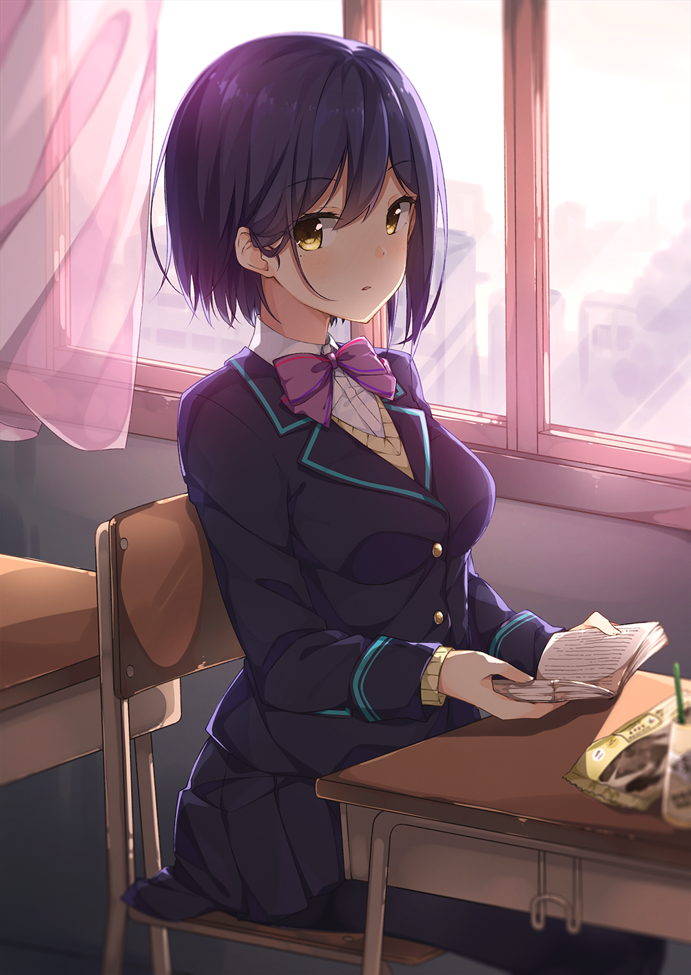 1girl bangs black_blazer black_legwear black_skirt blazer blush book bow bowtie brown_eyes chair classroom collared_shirt commentary_request curtains dated desk drinking_straw eyebrows_visible_through_hair hair_between_eyes highres holding holding_book indoors jacket looking_at_viewer nijisanji on_chair open_book pantyhose parted_lips pleated_skirt purple_hair purple_neckwear school_chair school_desk shirt shizuka_rin short_hair sidelocks sitting skirt solo sunlight sweater taiyaki_(astre) transparent virtual_youtuber white_shirt window