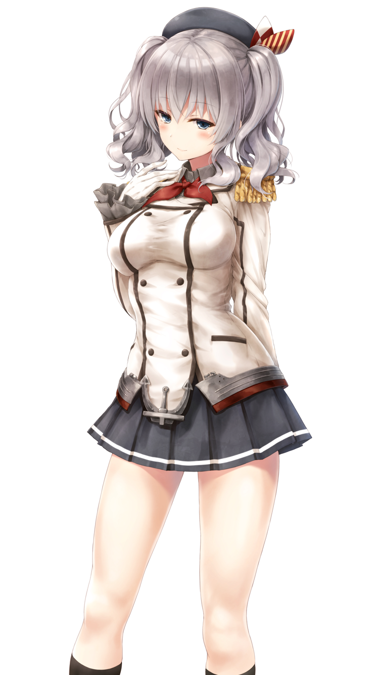 1girl beret blue_eyes blush breasts cowboy_shot epaulettes frilled_sleeves frills gloves hat highres kantai_collection kashima_(kantai_collection) kerchief medium_breasts military military_uniform miniskirt silver_hair simple_background skirt solo suien tsurime twintails uniform wavy_hair white_background white_gloves