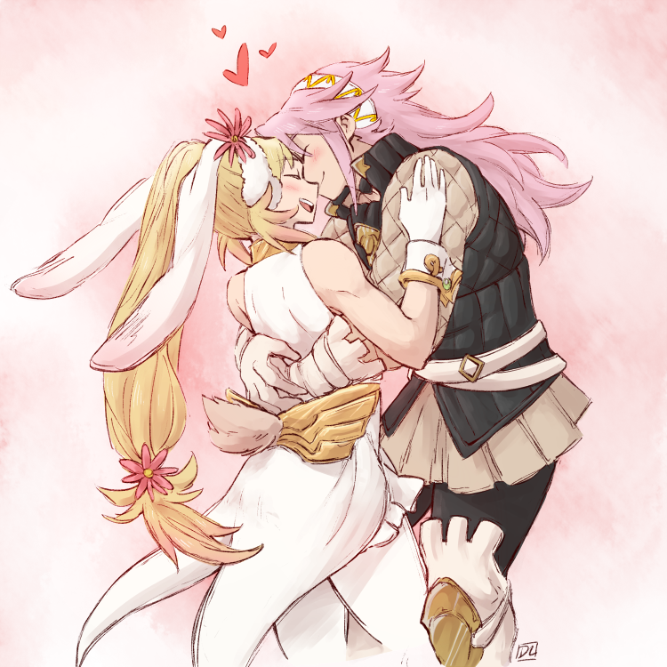 2girls alternate_costume animal_ears blonde_hair cropped_legs dl fake_animal_ears fire_emblem fire_emblem_heroes fire_emblem_if flower forehead-to-forehead gloves hair_flower hair_ornament hairband heart hug multiple_girls open_mouth pantyhose pink_hair rabbit_ears sharena simple_background smile soleil_(fire_emblem_if) white_gloves yuri