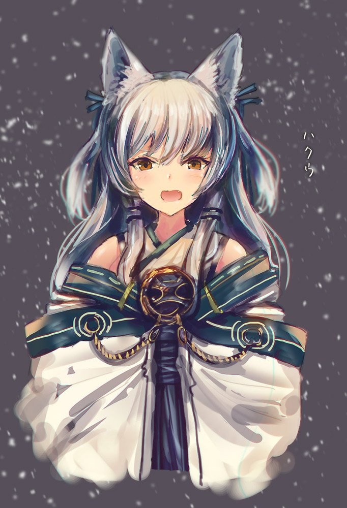 1girl animal_ears bare_shoulders blush brown_eyes commentary detached_sleeves fox_ears grey_background grey_hair inabi japanese_clothes kimono long_hair long_sleeves off_shoulder open_mouth original snowing solo upper_body